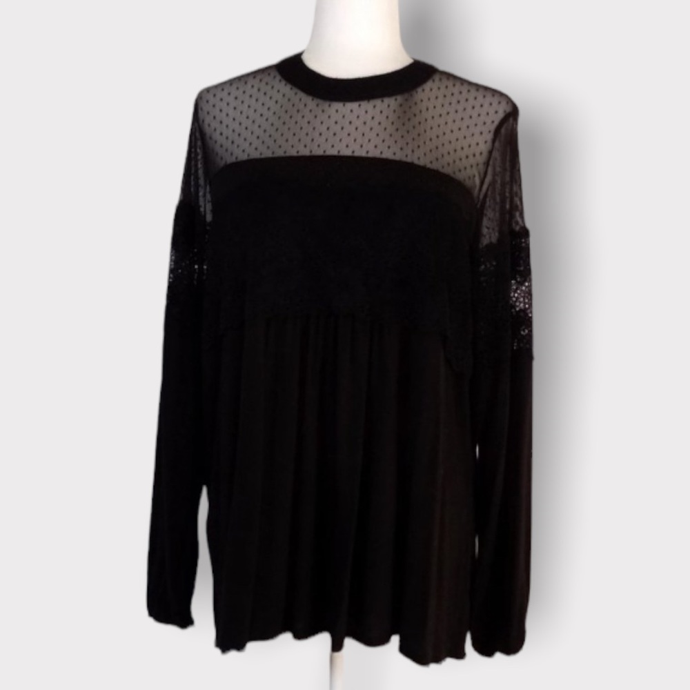 Maurice's Sheer Lace Swiss Dot Mesh Panel Black Long Sleeve Babydoll Top Size 0X - Picture 2 of 8